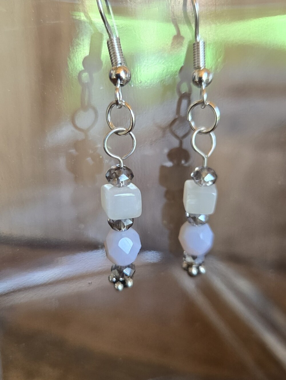 White Glass & Smoky Crystal Dangle Earrings | Silver Tone | Artisan Beaded Earri